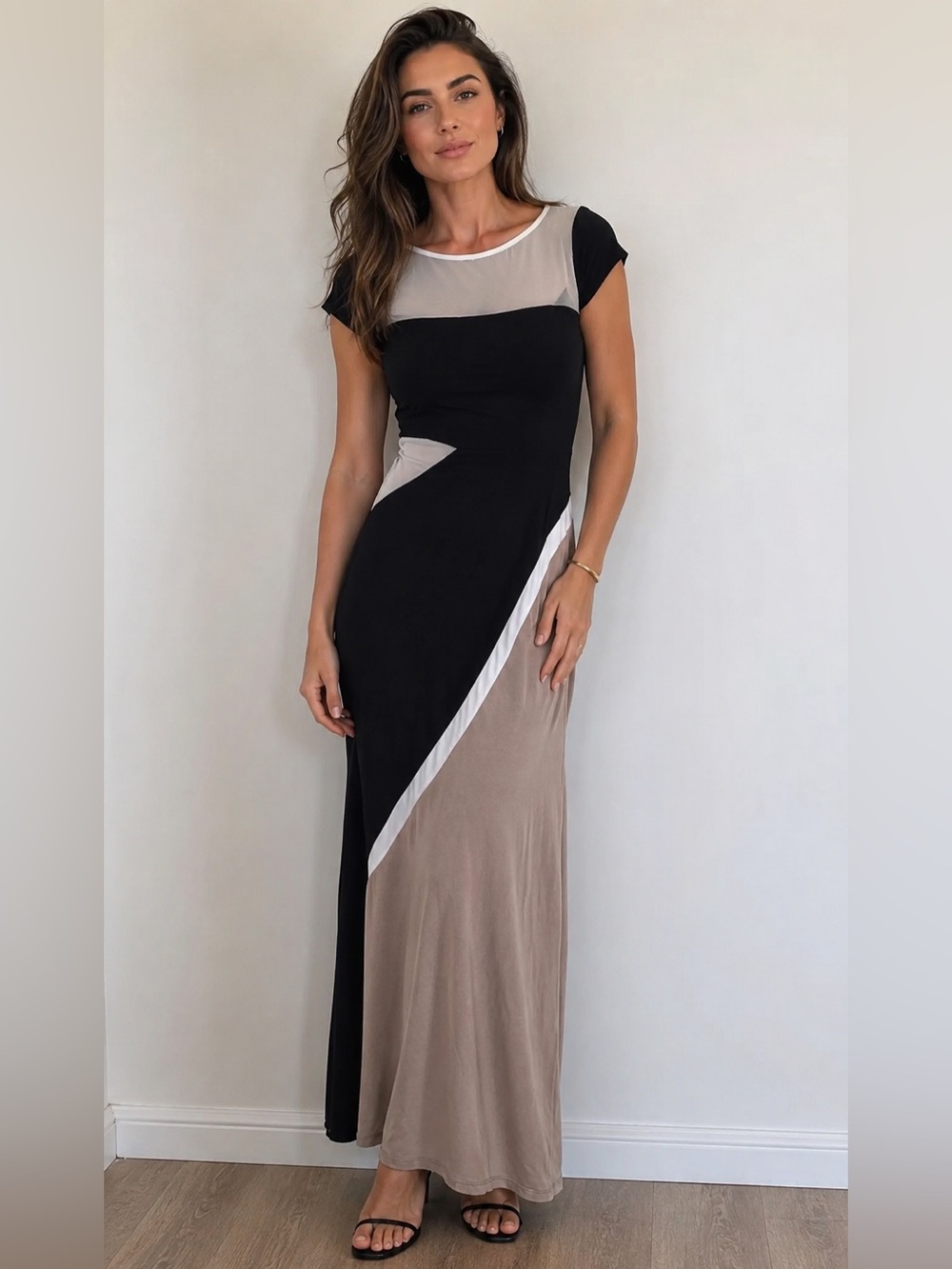 Classy Sheer-Top - Color block Maxi Dress Mesh Detail Black Taupe Large